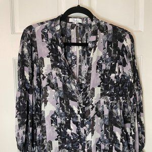 Parker Lavender & Black Floral Abstract Print Pleated Button Down Front Blouse